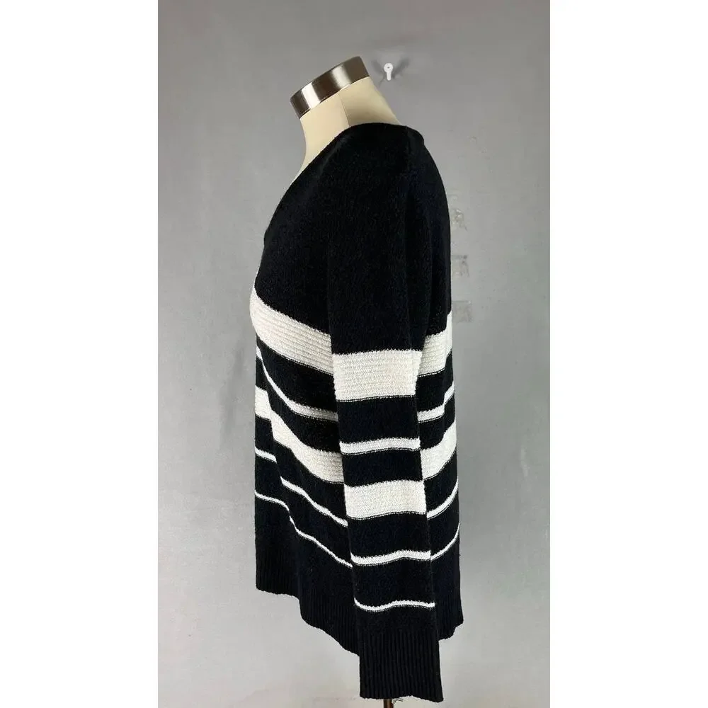 Calvin Klein Womens Medium V Neck Sweater Black White Stripe